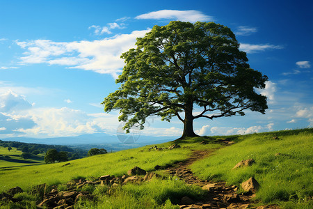 青山绿树碧空蓝天的美丽景观插画