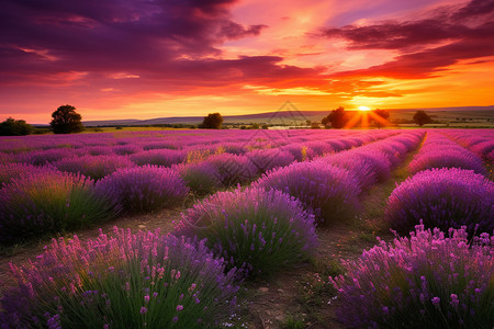 夕阳下的紫色薰衣草田野背景图片