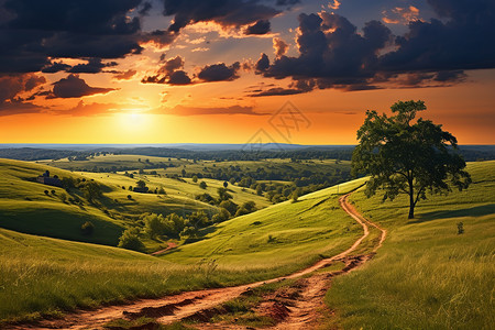 夕阳下的田园路径背景图片