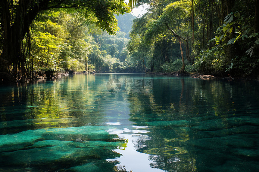 翠绿丛林中的碧蓝河流图片