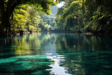 翠绿丛林中的碧蓝河流背景图片