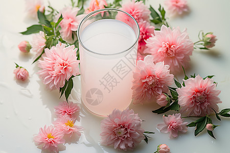 桌面上的牛奶和花朵背景图片
