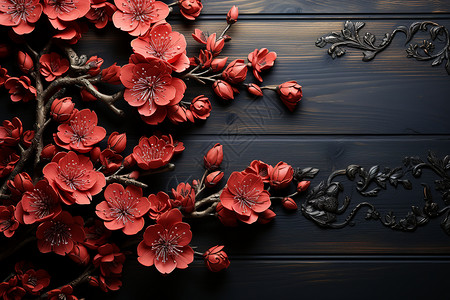 木桌上盛放的红色花朵背景图片