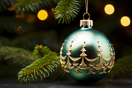 圣诞树上悬挂的绿色装饰品背景图片