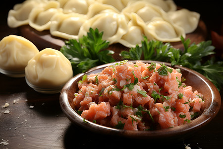 美味的传统饺子和肉馅背景图片