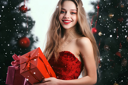 圣诞树前的女子背景图片