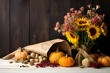 秋日丰收的花束和食材背景图片