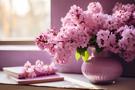 窗前上的一束粉色花朵背景图片
