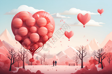 爱永恒爱的永恒符号夫妇站在山脉背景下天空中飘着一个心形气球插画