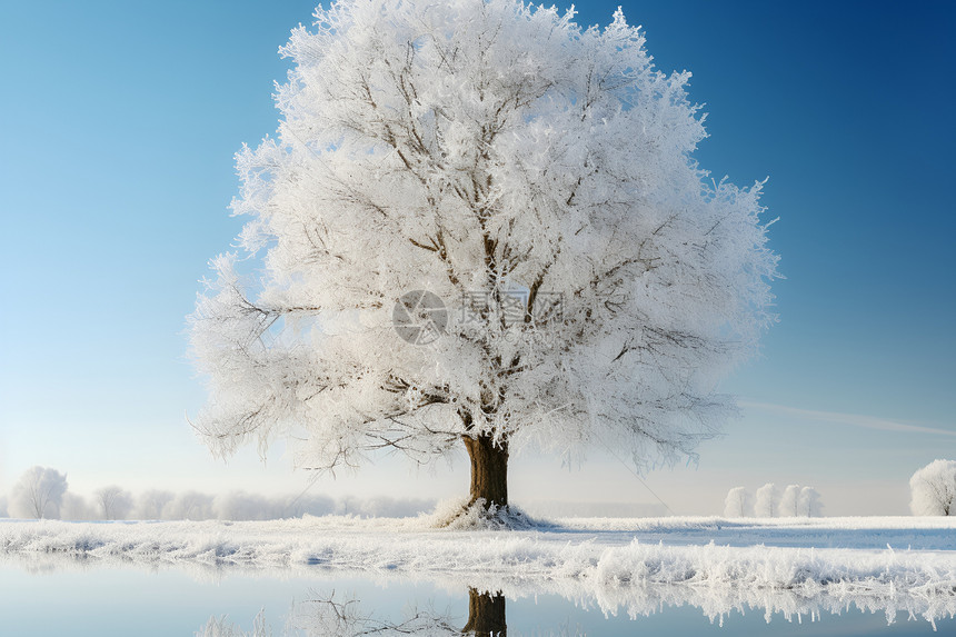 冬日的湖畔大树图片