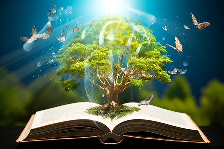 幻想打开的书中有树背景图片