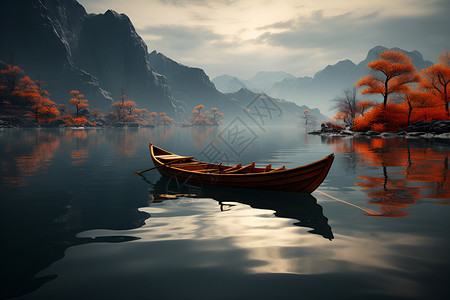 湖面船只秋日湖面漂浮的小船设计图片