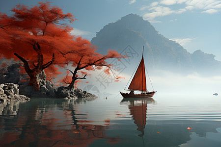 湖面船只湖面漂浮的小船设计图片
