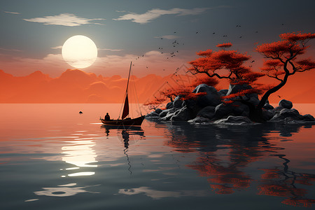 橘色小船在水中背景图片