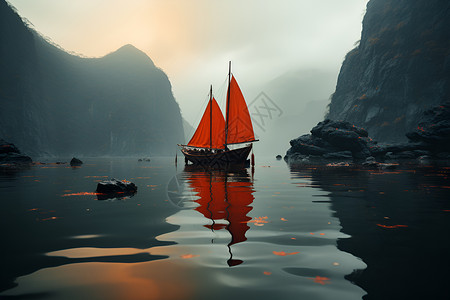 宁静湖面一艘红帆船背景