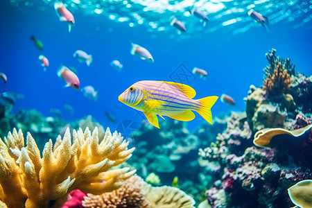 热带海底珊瑚礁上游泳的一群鱼背景