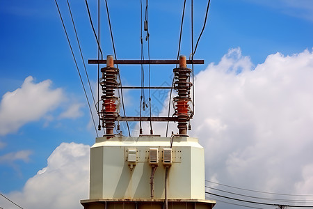 电路电线蓝天白云下的高压电网塔背景