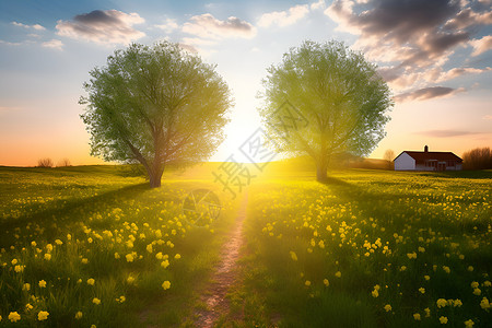 两颗树间的夕阳背景