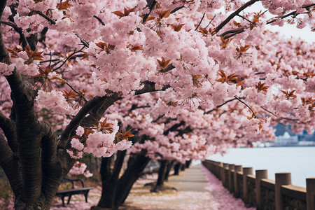 樱花树下的河流背景图片