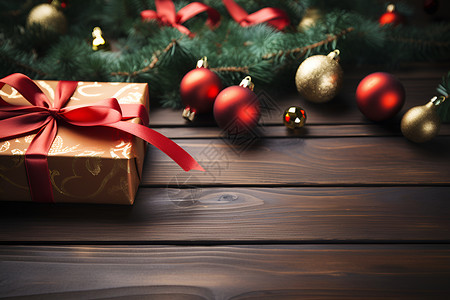 水墨松枝木桌上的圣诞节礼物背景