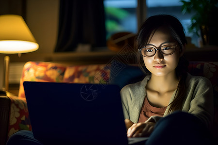 夜晚家居工作的女子背景图片