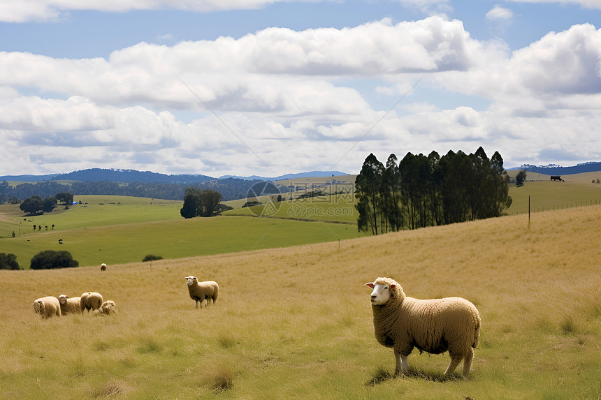 远处丘陵上的一群羊图片