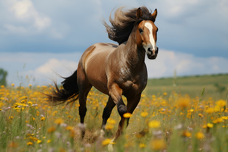 花海中奔驰的马背景图片