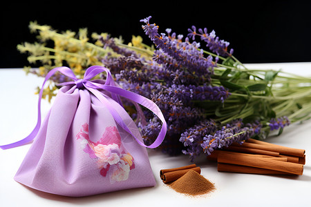 紫色花束香袋与肉桂背景