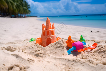 沙滩铲子矢量图沙滩上的城堡玩具背景