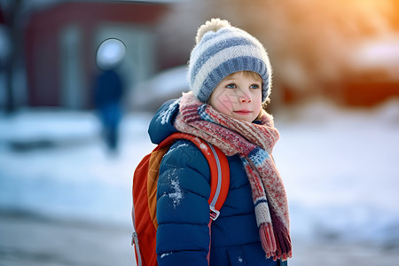 冬季上学的男孩背景图片