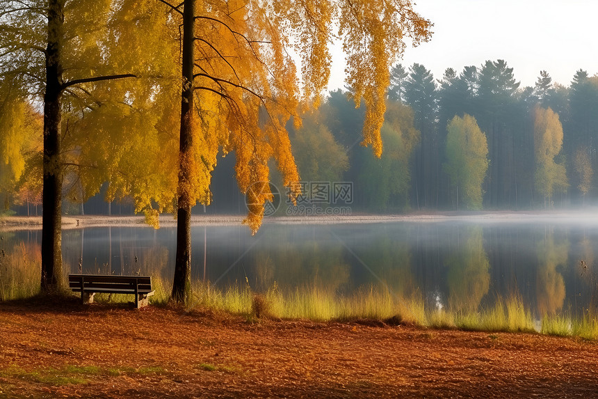 秋日迷雾中的湖畔图片