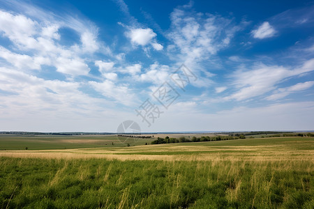 蓝天白云下的草地背景图片