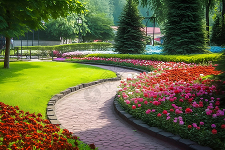 公园的花朵道路背景图片