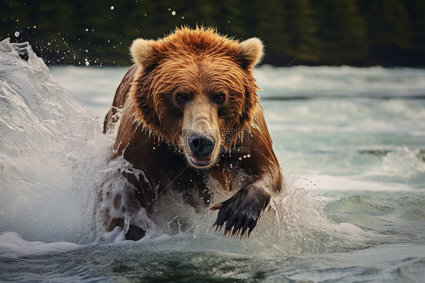 水域中奔跑的棕熊图片