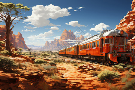 沙漠行驶荒野中行驶的火车插画