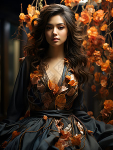 美丽女子丝绸长裙上的鲜花背景图片