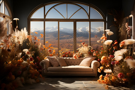 客厅窗户外的山脉背景图片