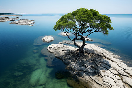 海中小岛上的树背景图片
