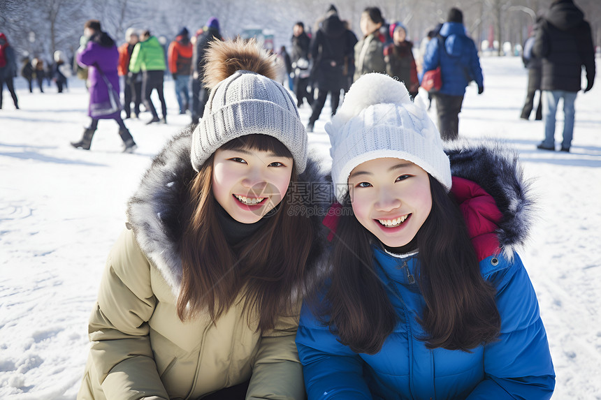 冬季户外雪景中的小女孩图片