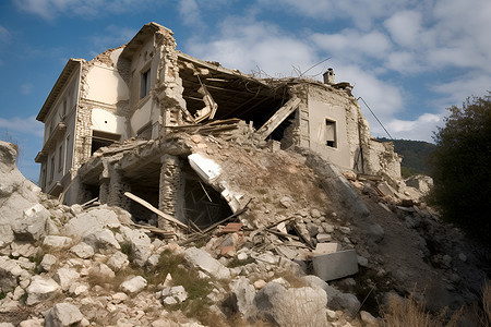 自然灾难摧毁的房屋建筑背景图片