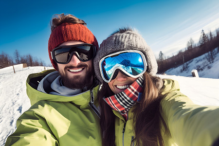 欢乐滑雪的年轻情侣背景图片