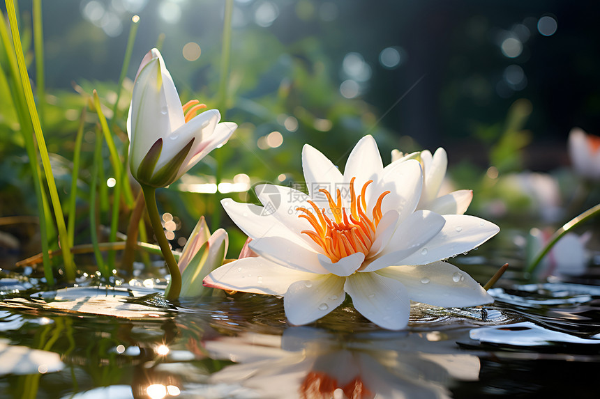 池塘中绽放的莲花花朵图片