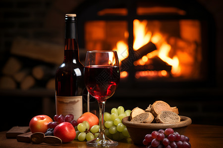 红酒果盘温暖的壁炉背景