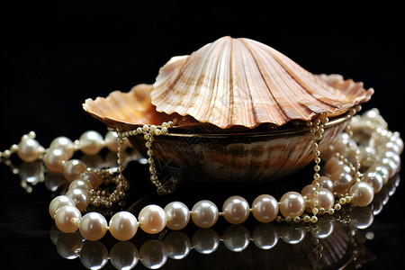 黑色背景中的一串贝壳珍珠项链背景图片