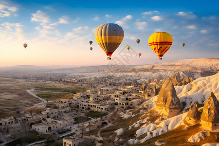 飞跃山谷的热气球高清图片