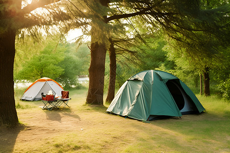 丛林帐篷夏季丛林中露营的帐篷背景