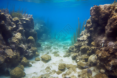 深海中的珊瑚群和鱼群背景图片