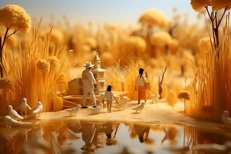 金色稻田中的小人背景图片