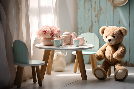 粉色玩具小熊床边的餐具和小熊背景