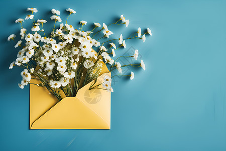 手绘花束与信黄色信封里的花束背景